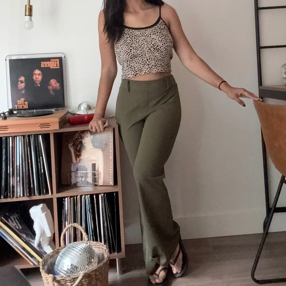 Rewash Olive Green Wide Leg Flare High Waisted Trousers Pants Size M Back